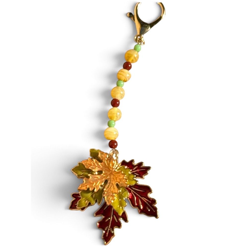 Autumn Maple Leaf Enamel Bag Charm Beaded Keychain Burgundy Green Gold OS